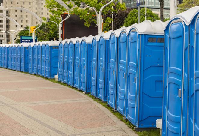 a line of portable restrooms set up for a wedding or special event, ensuring guests have access to comfortable and clean facilities throughout the duration of the celebration in Bunker Hill